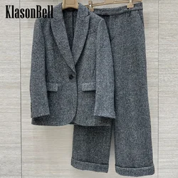 9.28 KlasonBell Women's Temperament Herringbone Pattern Single Button Blazer Or Straight Roll-up Pants Woolen Office Lady Set