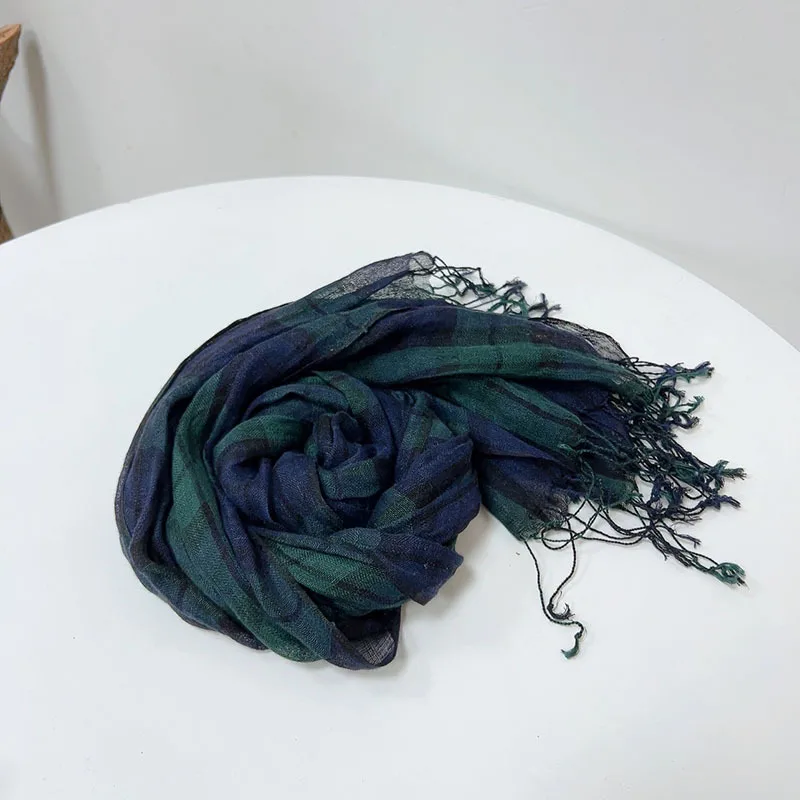 High Quality Pure Linen Lady Scarf Japanese Plaid Retro Green Breathable Shawls and Scarves