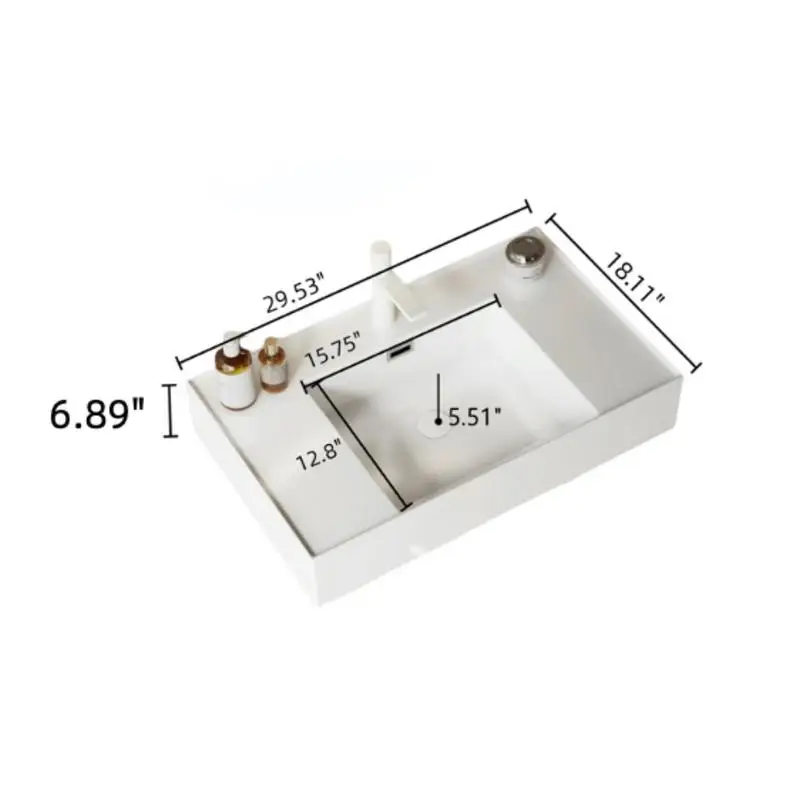 زينة حمام مقاس 30 بوصة مع حوض سفينة، حوض أكريليك أبيض عائم مثبت على الحائط، طبقة رف مخططة، حبيبات خشبية طبيعية