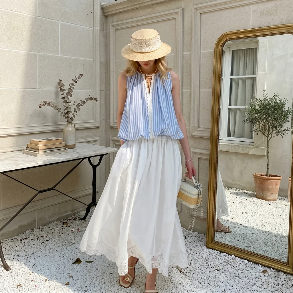 

lue Striped Sleeveless Tank Top Women 2026 Summer Boho Lace Trim V-Neck Blouse French Casual Loose Beach Top Vestidos
