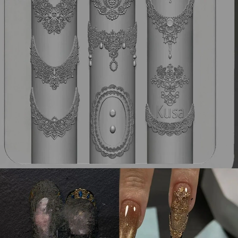 Transparent Lace Nail Mold For Women, Silicone Embossed Design Lace Nail Stencil Professional Manicure Mold DIY Crafts Daily Use