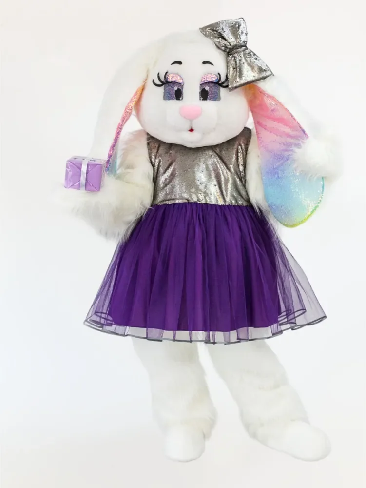 

Костюм талисмана белого кролика с большими ушками, фиолетовое платье, пасхальный кролик, костюм медведя с котом для Хэллоуина, Рождества, необычные вечеринки