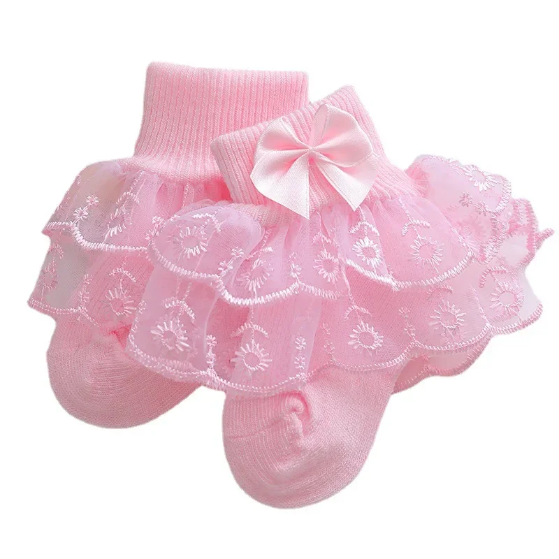 6 Pairs of Spring and Summer Thin New Princess Double Lace Bow Breathable Solid Color Socks for Girls