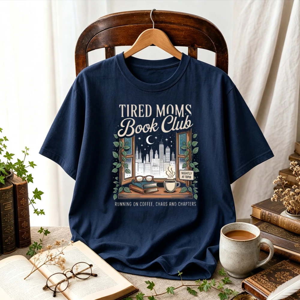 Women Tired Moms Book Club Window City Coffee Books Vine Graphic T-Shirt Book Lover Tee Vintage Bookish Mom Aesthetic Casual Top