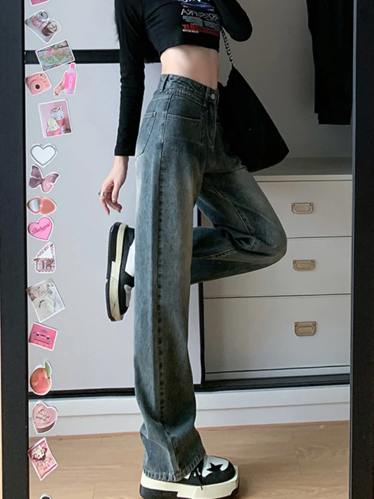 Jeans Women Contrast Color Straight Full Length Autumn Youthful Popular American Style Advanced Denim Trousers All-match College