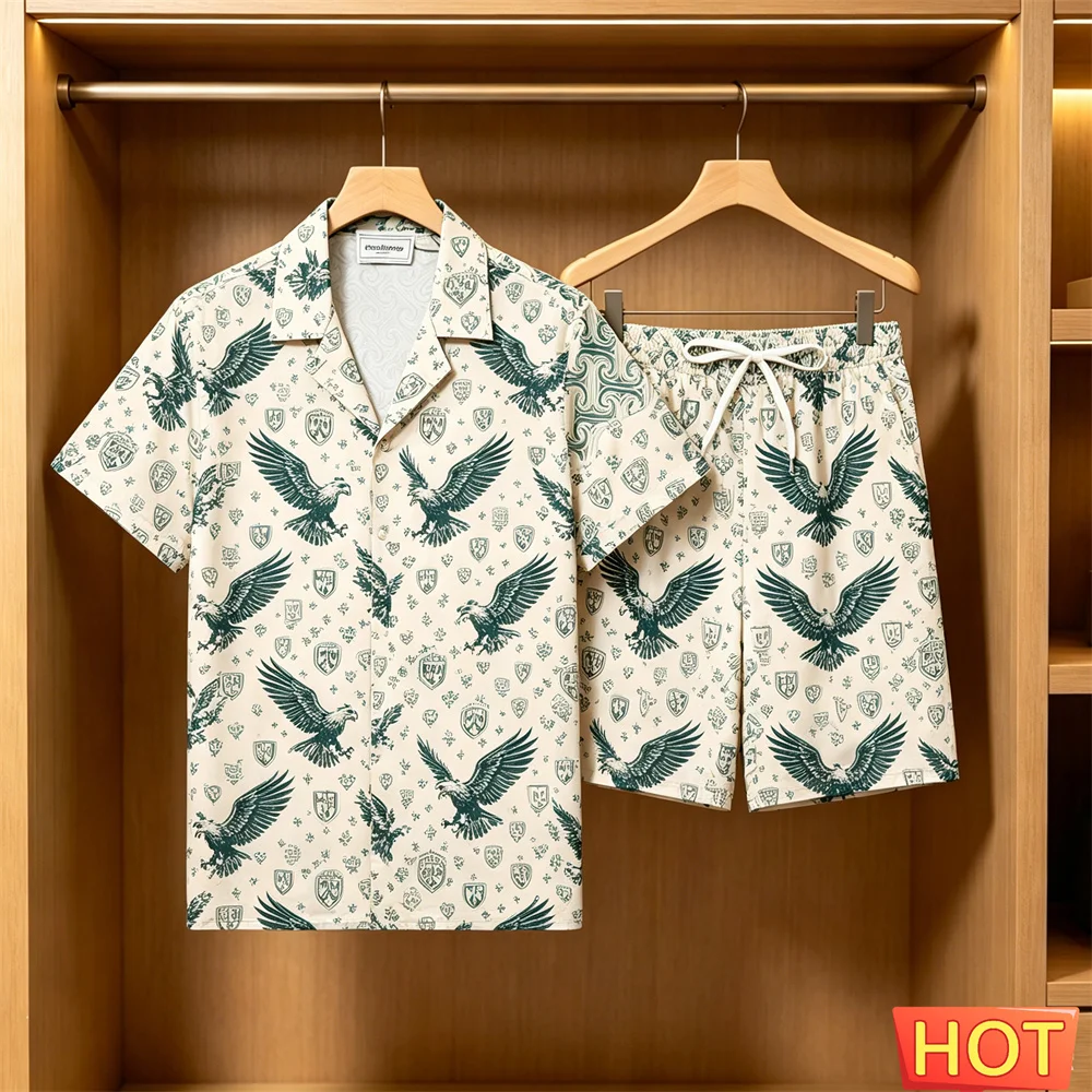 Graphic shirt set Men's 2 Piece Eagle Print Cuban Collar Shirt & Drawstring Shorts Summer Beach Casual Outfit Men's y2k clothing