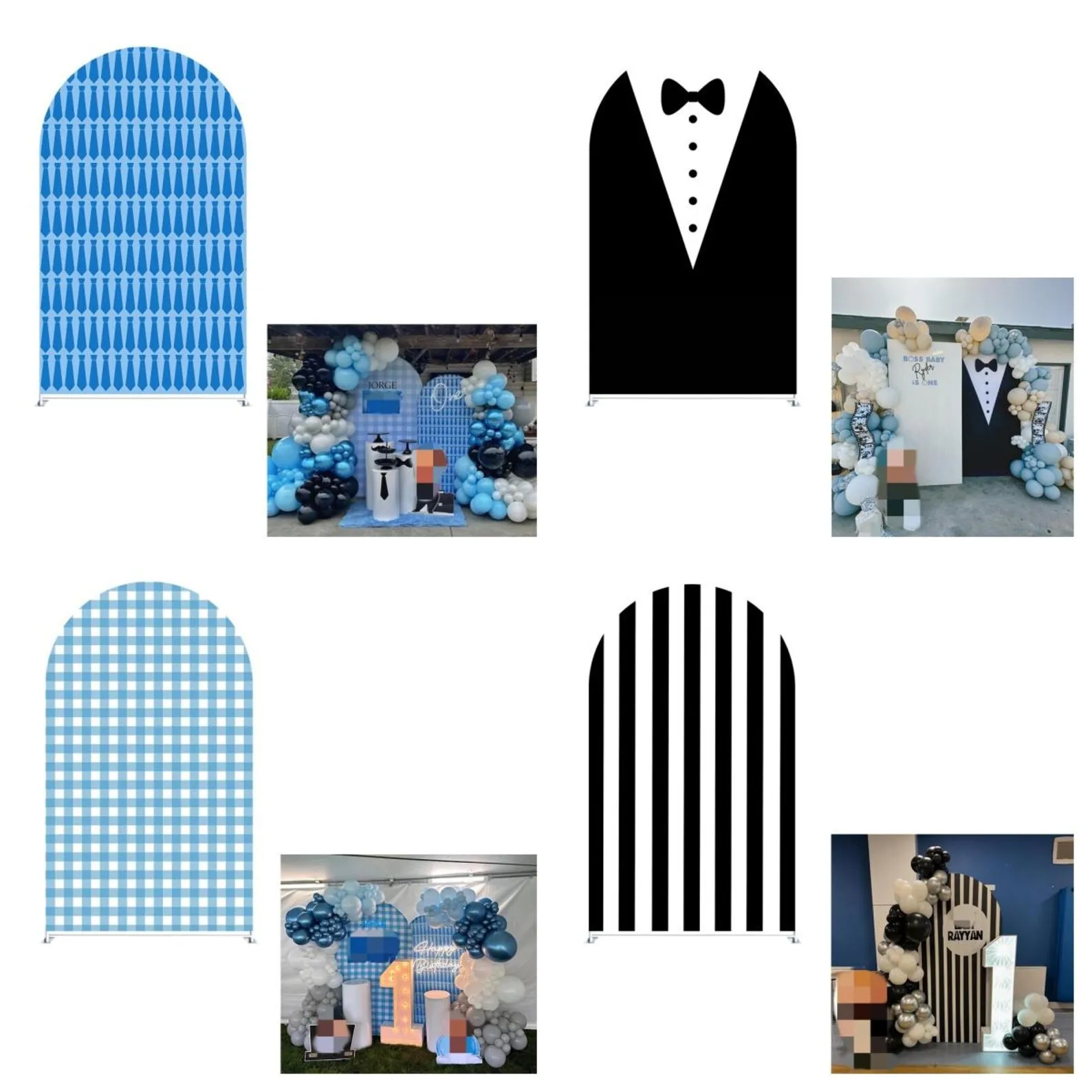 Mehofond Custom 2-Sided Blue Plaids Black Bow Tie Kids Boys Birthday Party Baby Shower Covers Chiara Arch Decor Backdrop Photo