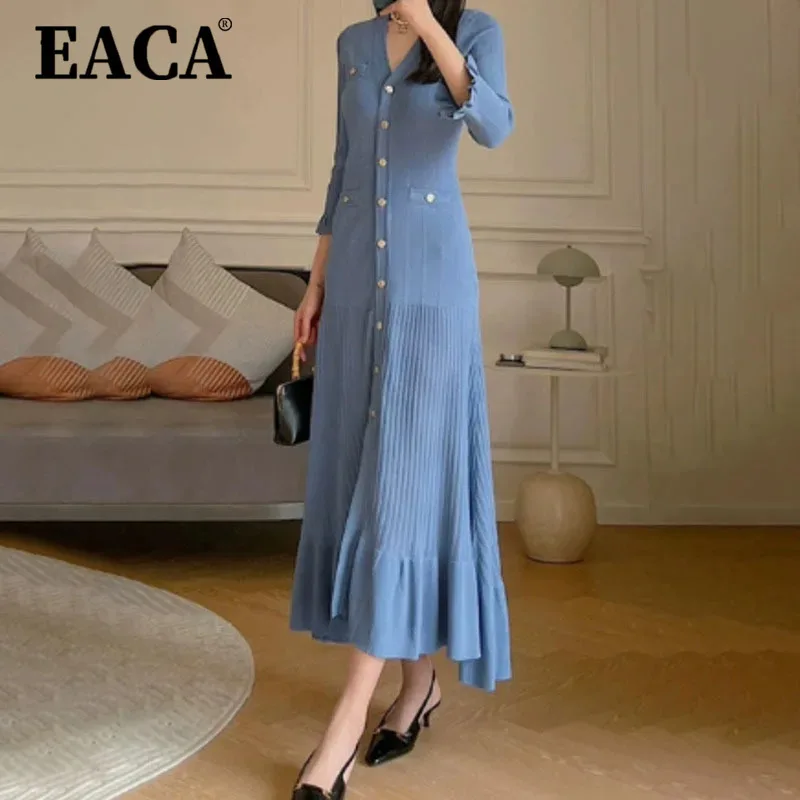 

EACA Elegant Long Long-sleeved Single-breasted Dress For Women 2025 Autumn New Niche Design Feeling Wooden Ears Slim Solid Color