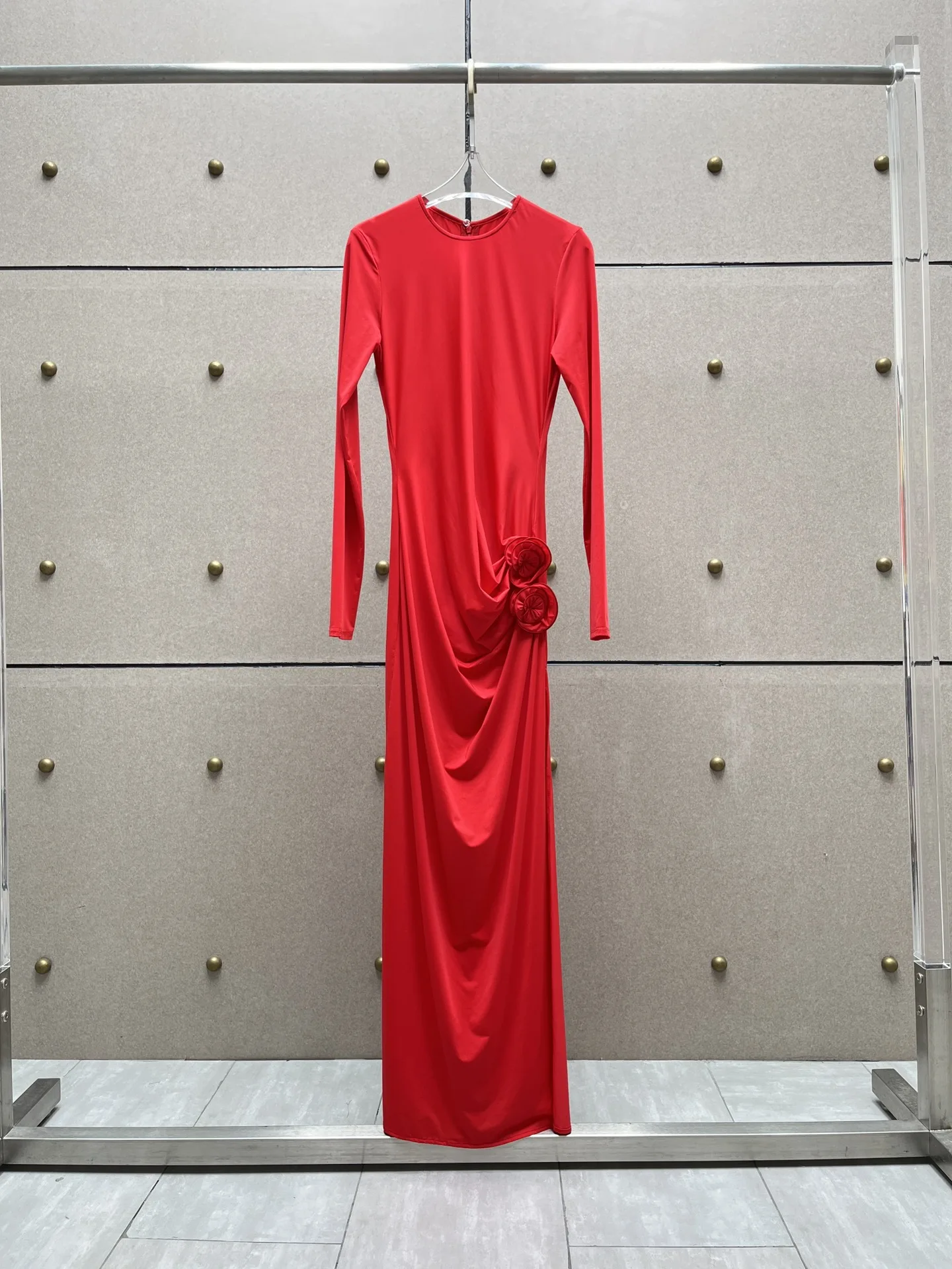 Red Pink Long Sleeve Handmade Flowers Ankle-Length Dress