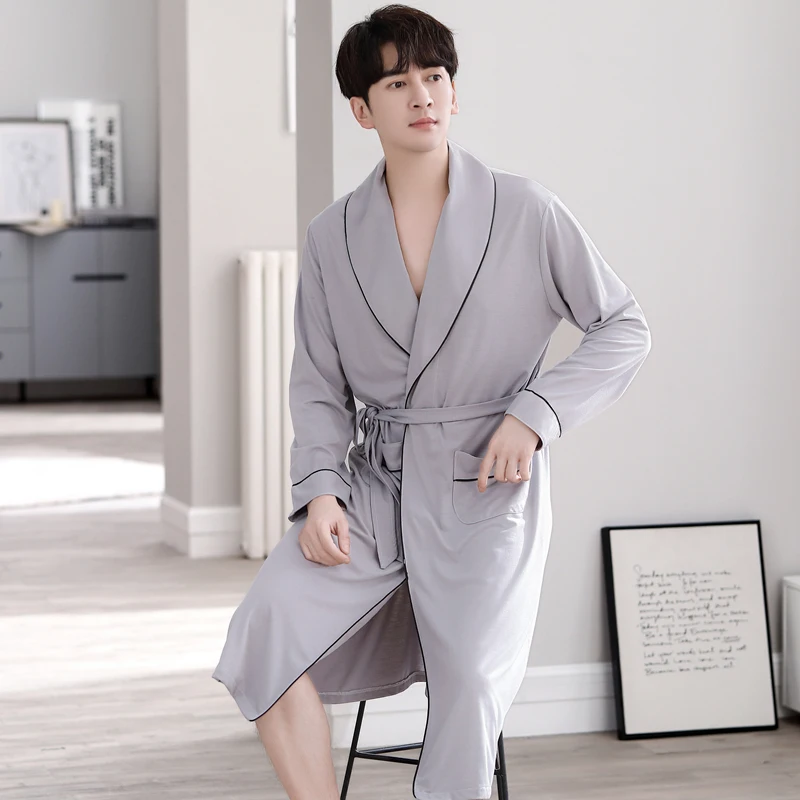 

Mens Simple Long Robes Spring Autumn Long Sleeve Bathrobes Man Soft Modal Dressing Gown Breathable Kimono Bath Robe With Belt