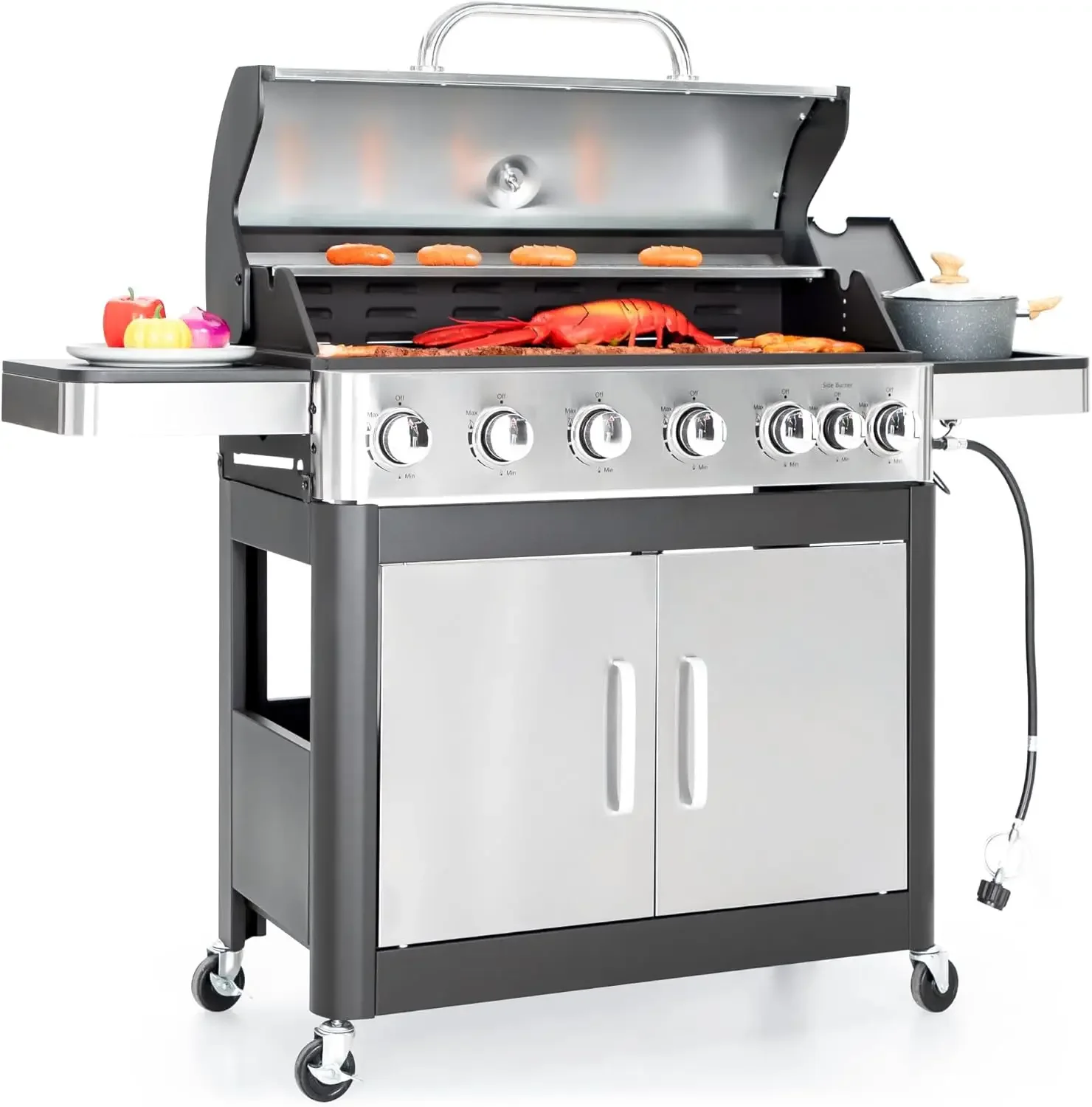 

Captiva Designs 6-Burner Propane Gas BBQ Grill with Side Burner & Porcelain-Enameled Cast Iron Grate for Outdoor Kitchen.