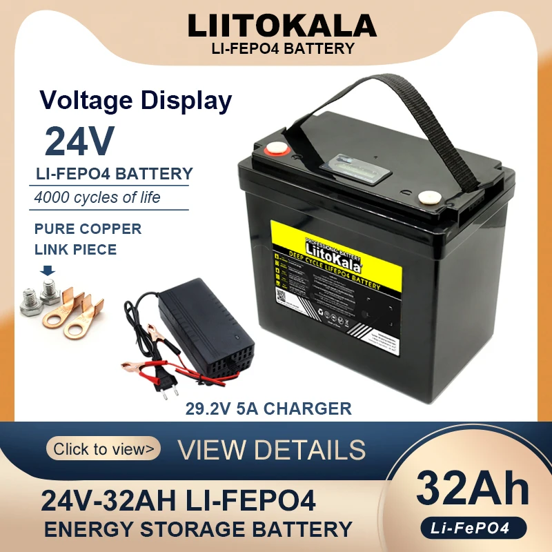 LiitoKala-Batería de fosfato de hierro y litio LiFePO4, 24V, 100Ah, 60Ah, 32Ah, para inversor de barco, encendedor de coche, 29,2 V, libre de