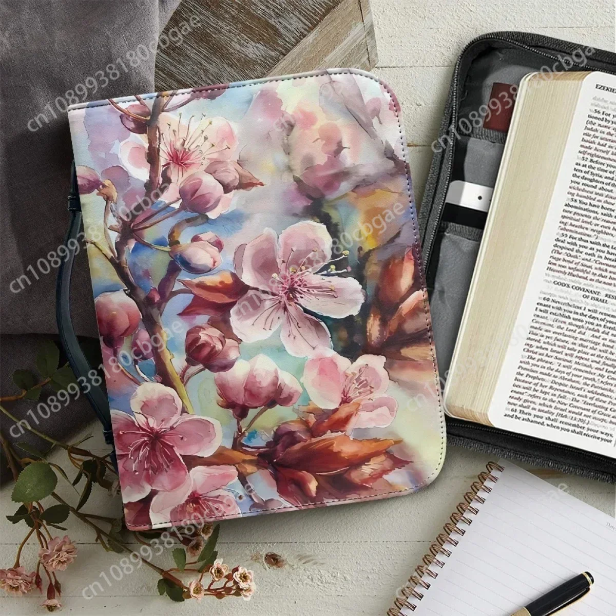 Pink Spring Cherry Blossom Painting Bible Cover Case Women's Bible Storage Bag Pu Leather Zippered Handbag Holy Storage Boxes