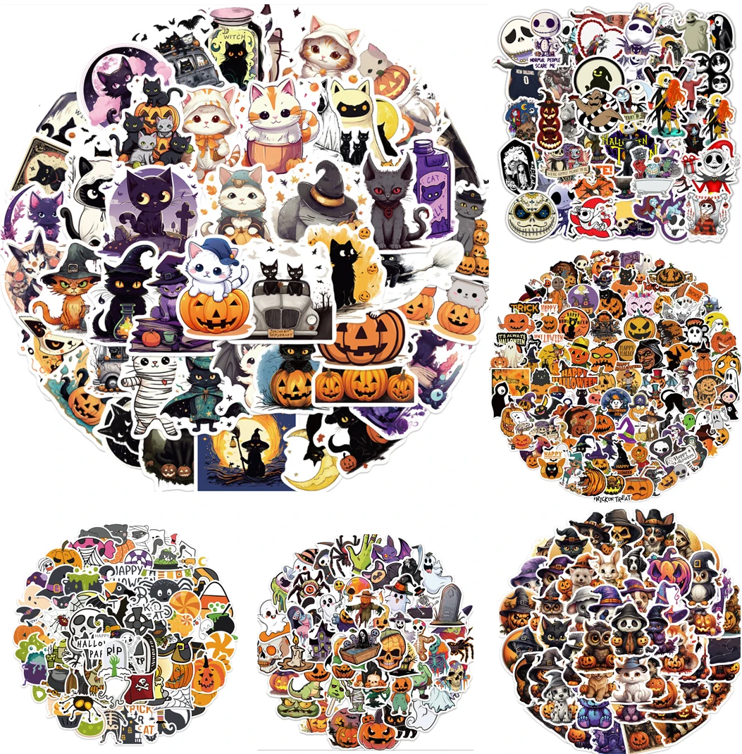 50/100 pcs Cartoon Halloween Witch Pumpkin Ghost Waterproof Stickers Decoration Decals Stationery Laptop Phone Luggage Sticker