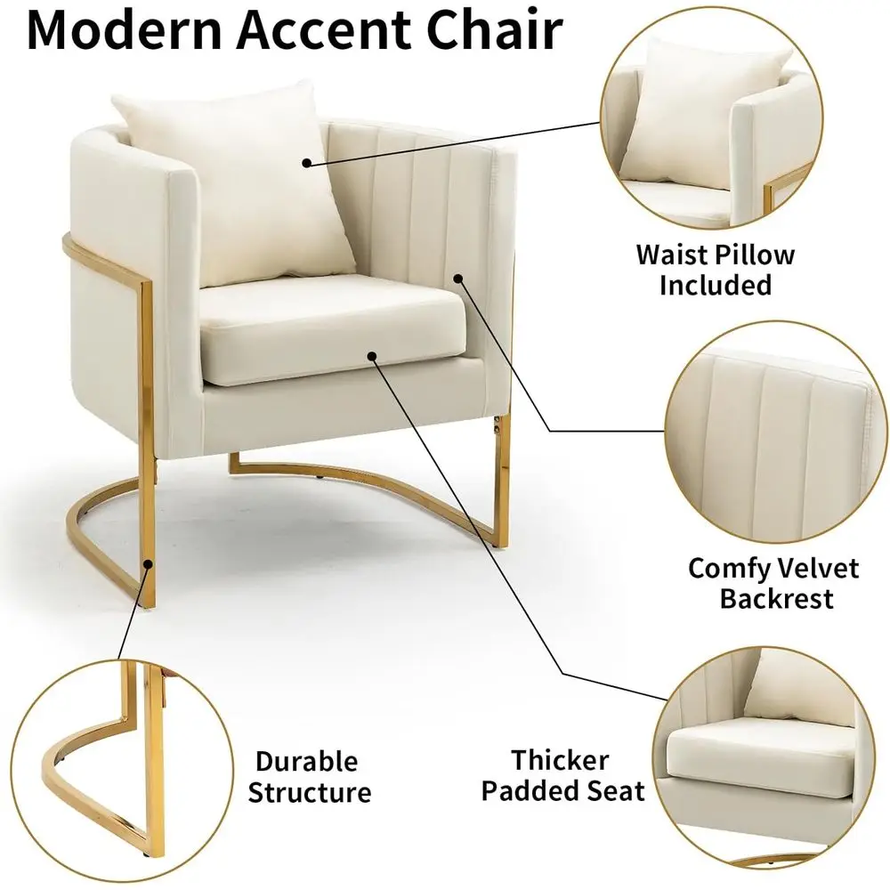 Pair of White Velvet Club Chairs with Gold Legs for Living Room or Bedroom