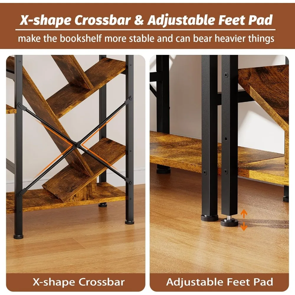 رف كتب خشبي عريض مكون من 5 طبقات - تخزين على الطراز الصناعي مع 14 رفًا، وخزانة كتب كبيرة عتيقة #6