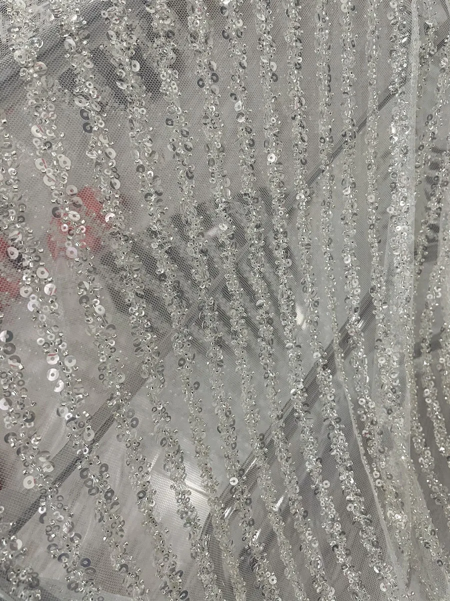 Vertical Stripes Sequined Lace Embroidered Sequins Beaded Mesh Draping Fabric for Wedding Dress Embroidery Fabrics Accessories