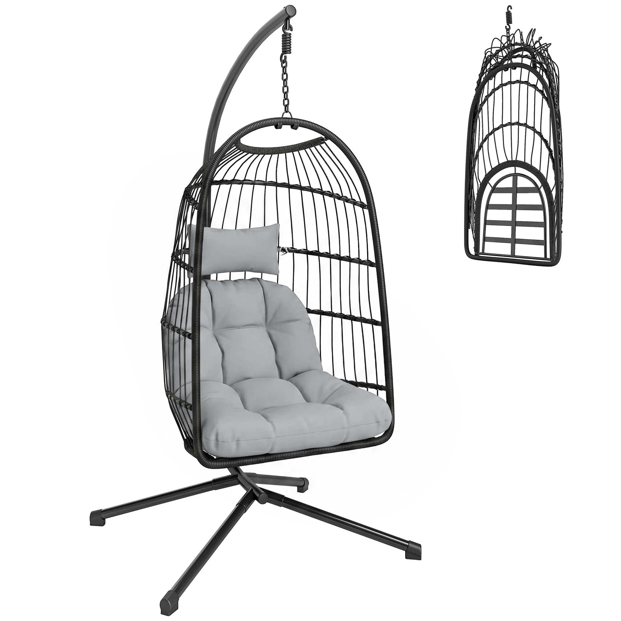 Outsunny Silla Colgante Huevo con Soporte Cesta Plegable Cojín Altura Ajustable