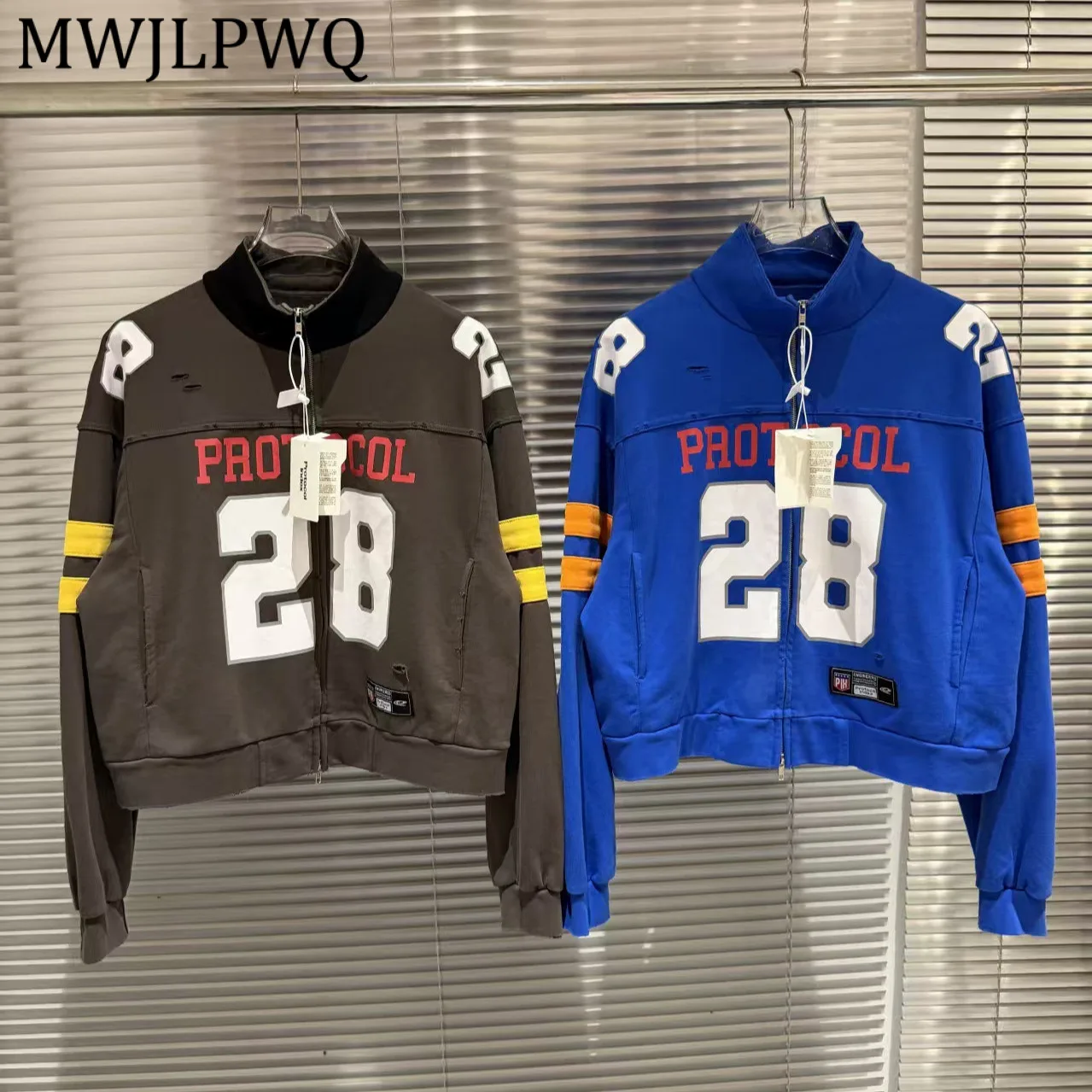 

MWJLPWQ Stand Collar Spring Sports Male Jacket Washed Distressed Embroidery Patch Streetwear Tide Style Loose Casual Tops 13439