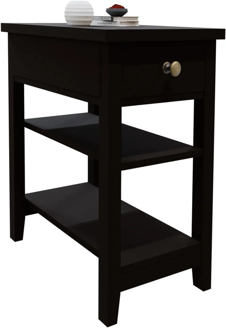 

Small Side Table with Drawer & 3 Shelves, Black Narrow Nightstand for Bedroom, Living Room, Dorm