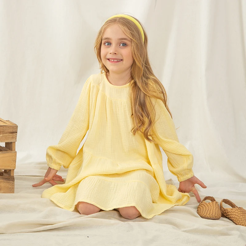 Girls Flowy Tiered Princess Dress Spring Autumn New Baby Girl Cotton Long-Sleeve Casual Loose Yellow Dresses Children\'s Clothing