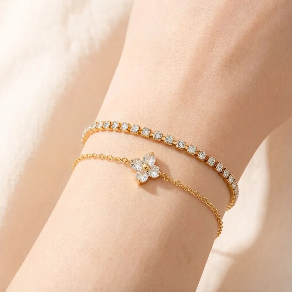 New 2Pcs Women's Stainless Steel Clover CZ Tennis Chain Bracelet Set Stackable Elegant Wear Jewelry Party Fashion Accessories