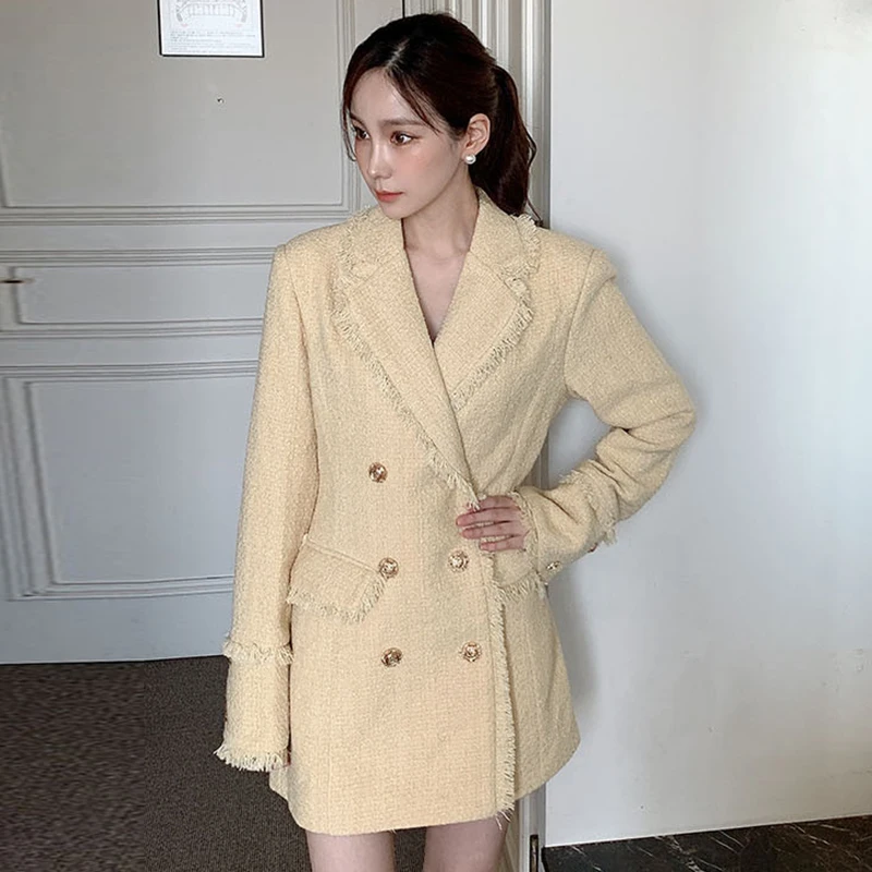 Chic Autumn Winter Tweed Jaet Women's Loose Long Coat Double Breasted Suit Collar Frayed Hem mid Length Outerwear