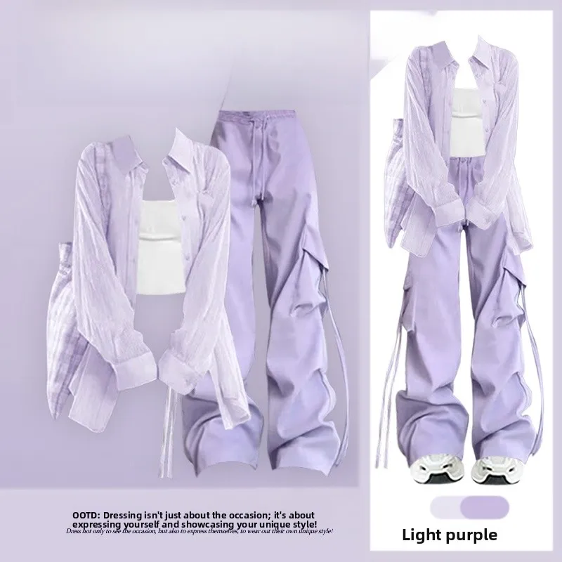 Summer New Lazy Style Women's Set Reducing Age Gentle Sunscreen Shirt Strap High Waist Workwear Pants Two Piece Set Fashionable