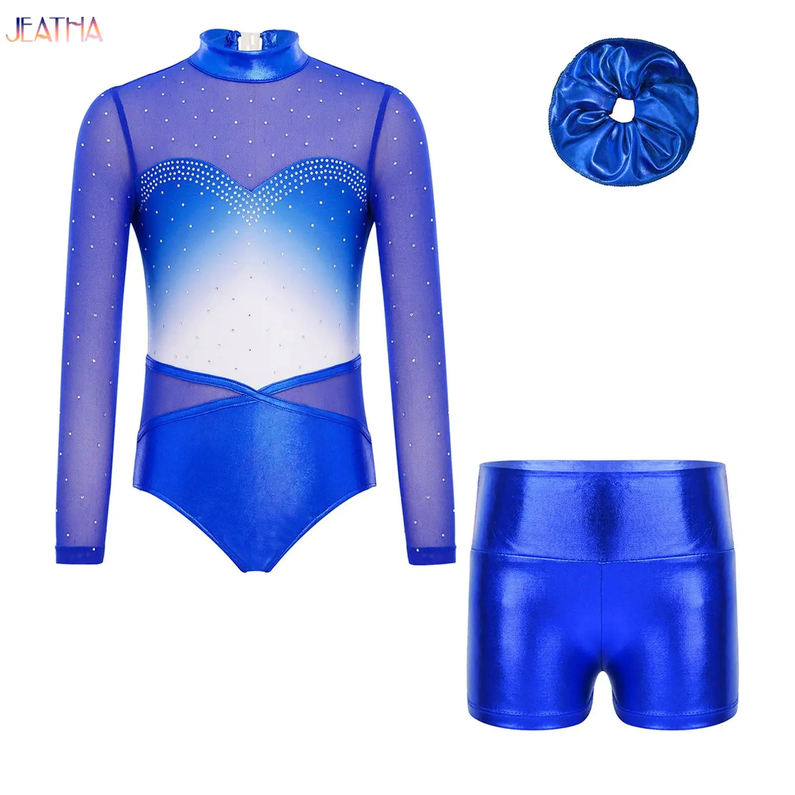 

Teens Girls Gymnastics Jersey Ballet Leotards Dance Outfit Performance Costume Shiny Rhinestones Leotard with Shorts Hairband