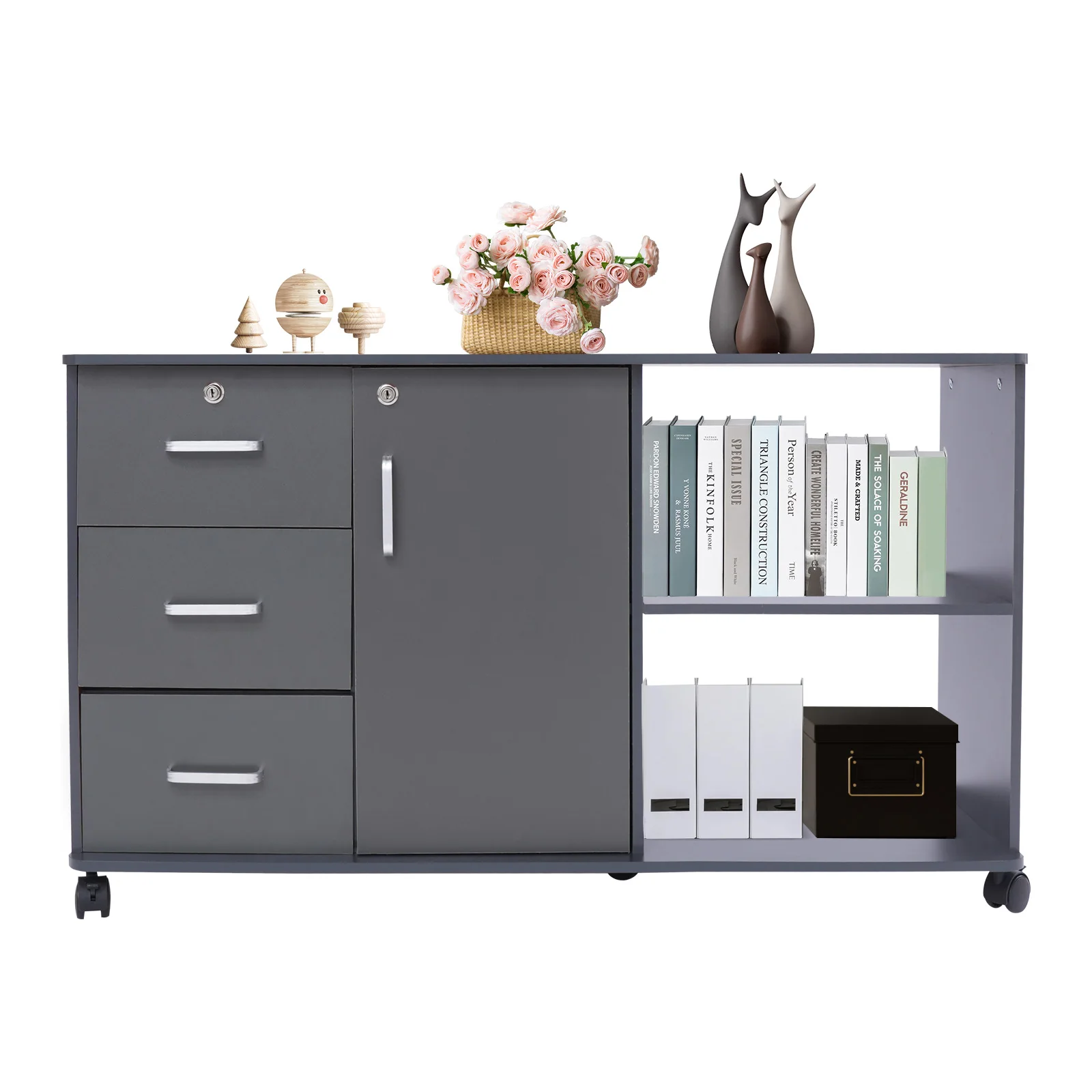 Three Draws, One Door, Two Compartments File Cabinet for office school to store office supplies, folders, personal items