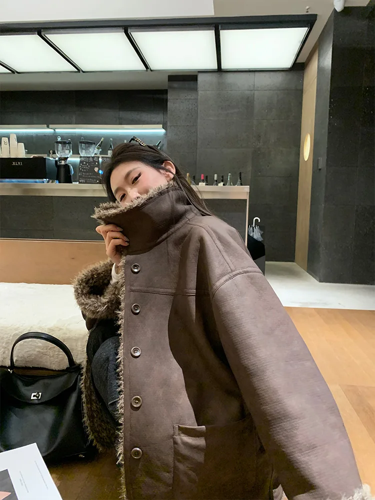 Streetwear Jacket Lamb Wool Two Sides Wear Design Pockets Draw String Coat for Women Winter Vintage Loose 2025 Clothing Wh66