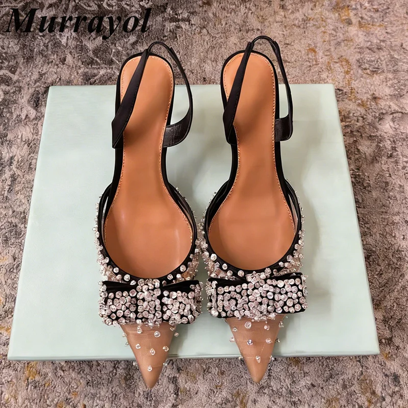 

New Pointed Toe Sandals Women's Shiny Rhinestone Bow Back Strap High-Heeled Sandaials Summer Fashion Banquet Dress Shoes pumps