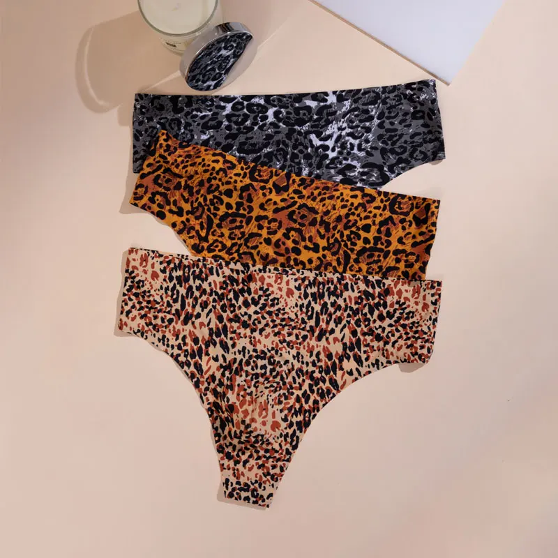 Men's Bikini High Waist Underwear Sexy Ice Silk T-Back G-String Briefs Leopard Male Thong Seamless Underpants Sissy Lingerie
