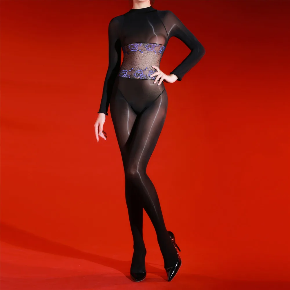 

Сексуальное женское боди с кружевной талией в стиле пэчворк, масляные глянцевые блестящие чулки для тела с открытой промежностью, прозрачные колготки, трико для горничной