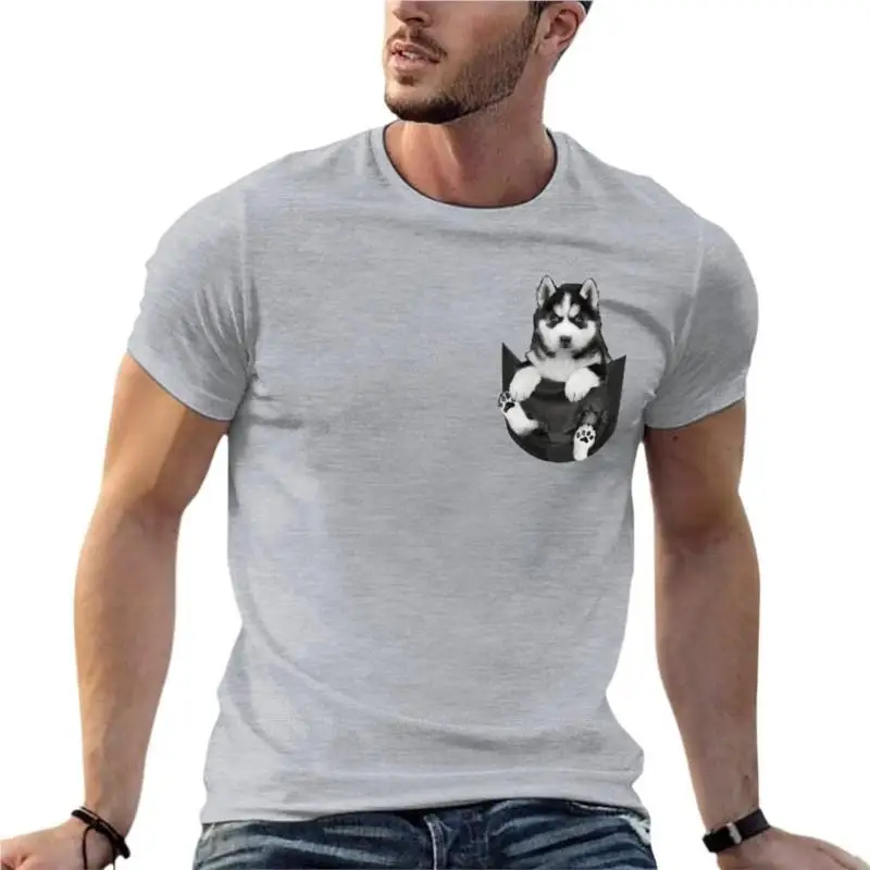 

Siberian Husky Pocket Dog Unique Oversize T Shirts Custom Men Clothing Short Sleeve Streetwear Big Size Tops Tee