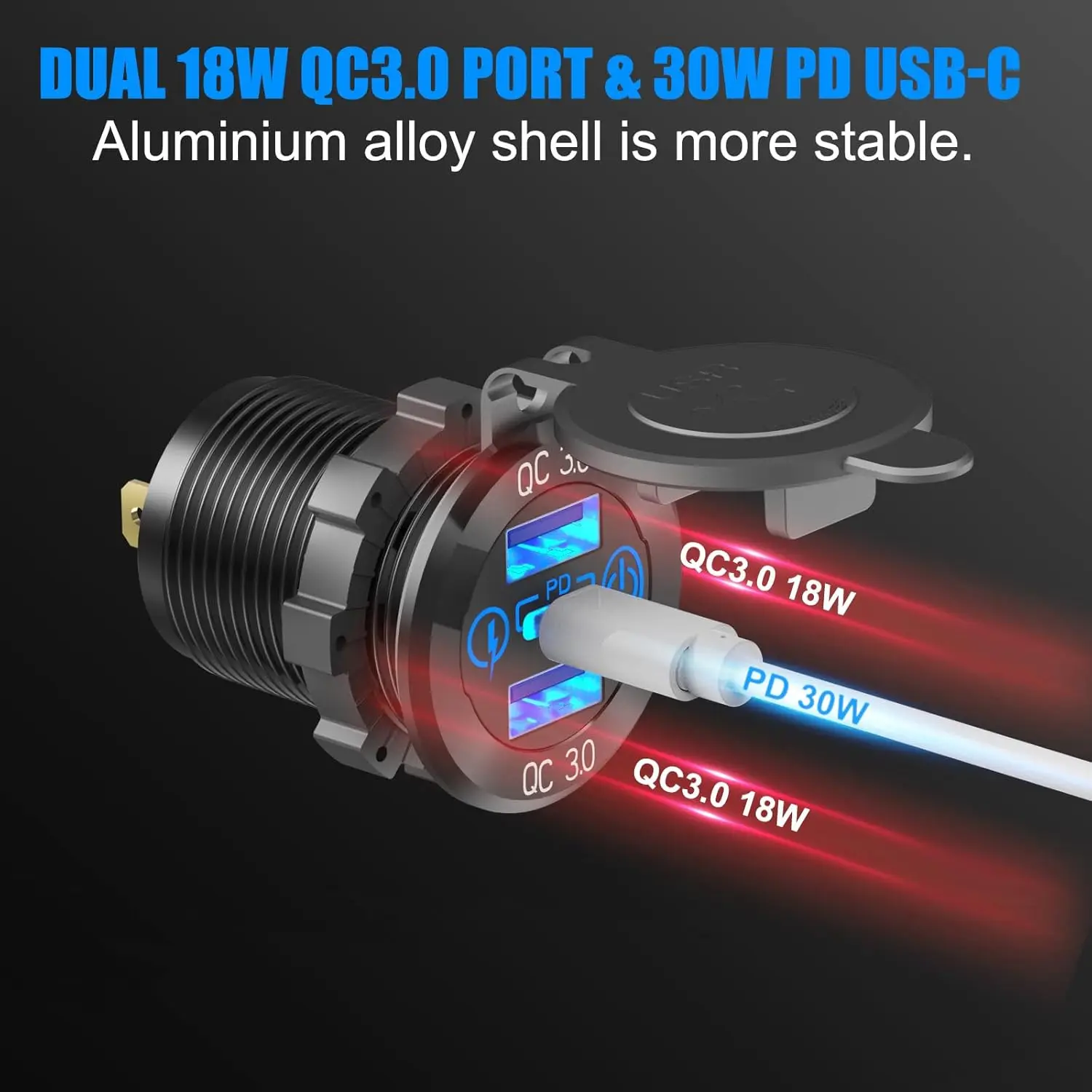 DIY 12V USB Outlet RV Switch Panel Dual PD30W & QC18W Car USB Port Aluminum Charger Socket with Switch 3 IN 1 Kit for Bus Truck