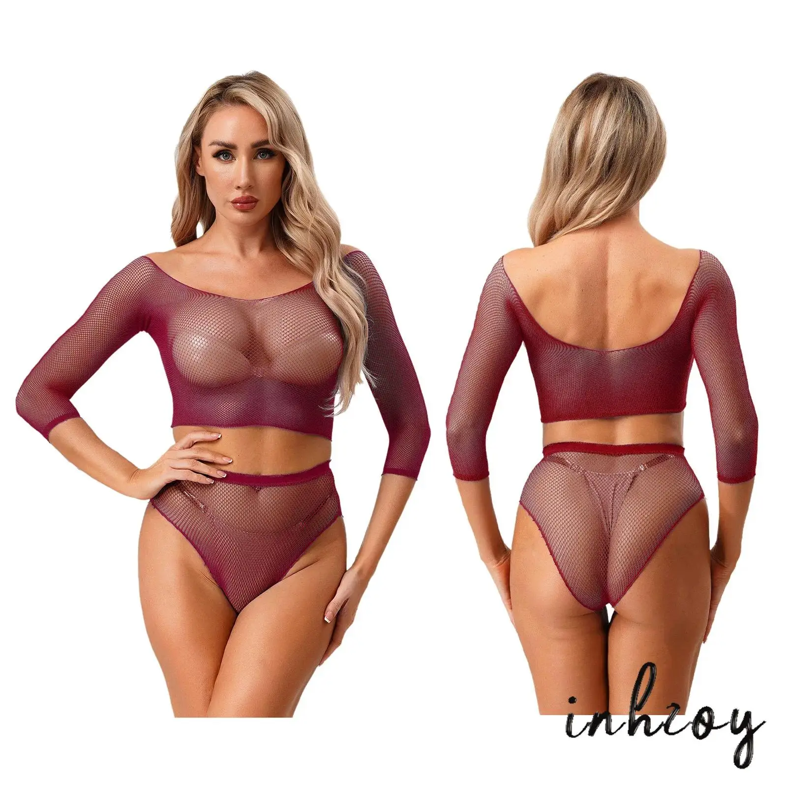 

Womens See Through Fishnet Lingerie Set Short Sleeve Crop Top and High Waist Briefs 2-piece Set for Club Pole Dance Dating Night