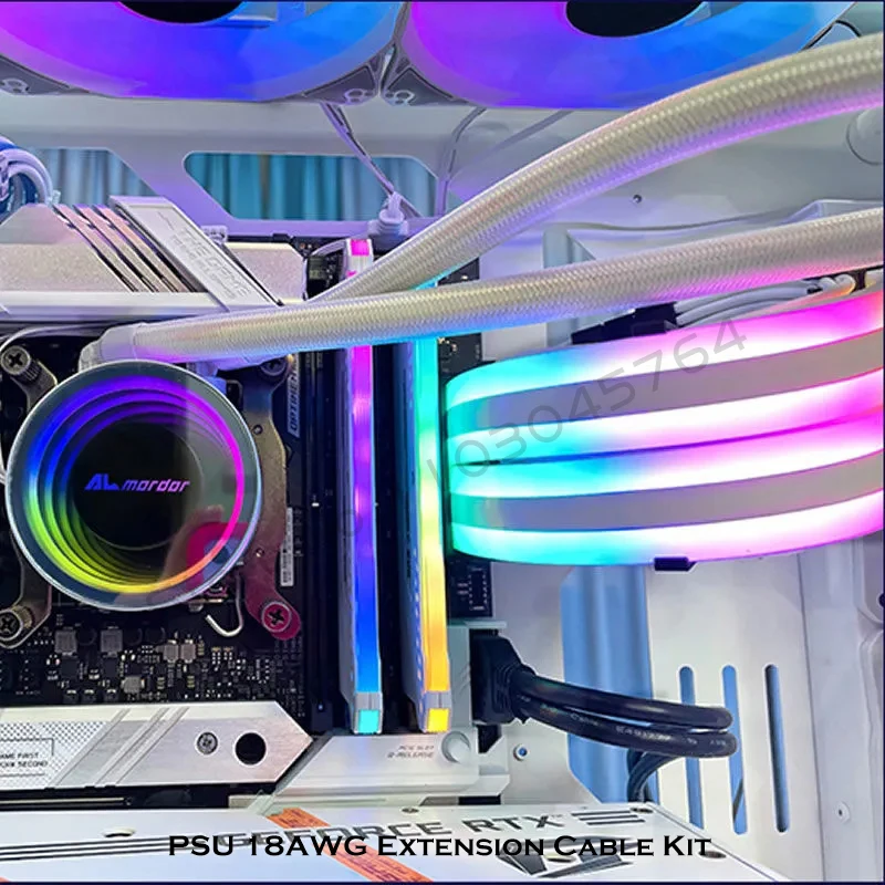 Przedłużacz zasilacza ARGB Kit ATX 24Pin + GPU 8Pin X2 X3 LED Flow Silicone Light Guide 18AWG Podobny do Lian Li Strimer Plus