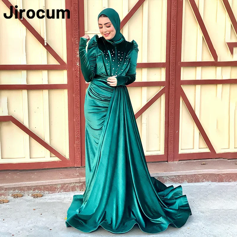 Jirocum zeemeermin moslim avondjurk dames diamant schildpad hals lange mouw feestjurk vloerlengte speciale gelegenheidsjurken