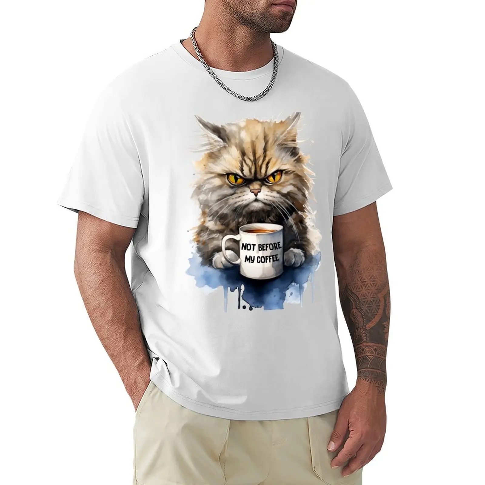 

Not Before My Coffee Angry Morning Cat Grumpy Coffee-Drinker Watercolor T-Shirt oversized summer clothes mens champion t shirts