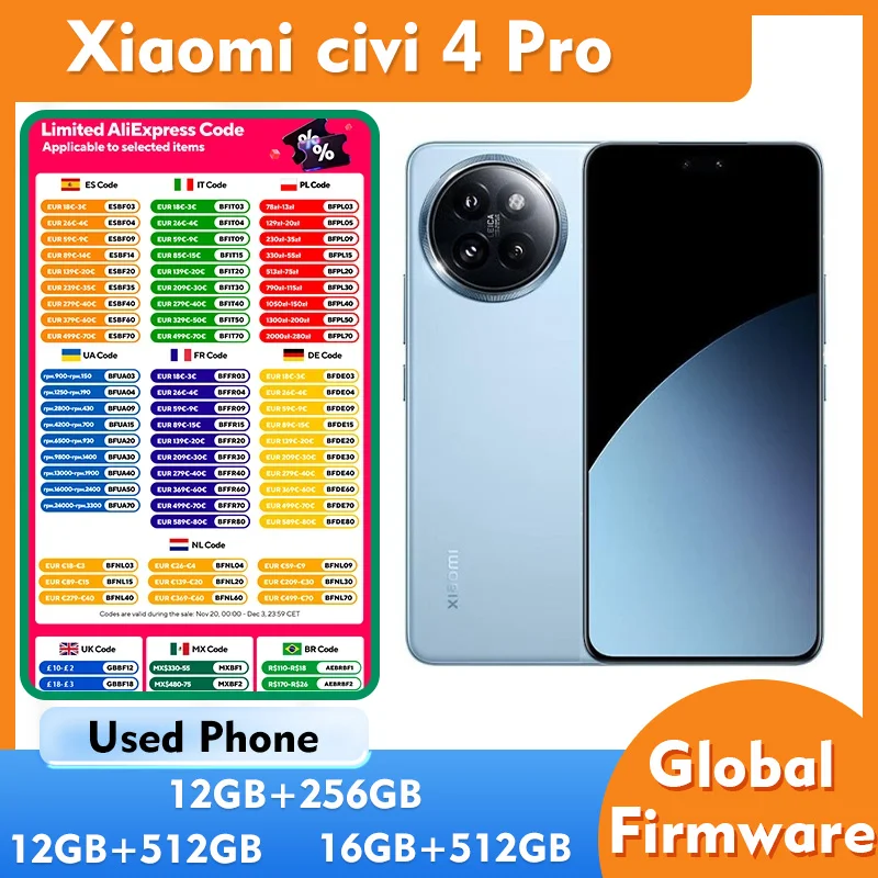 هاتف Xiaomi Civi 4 Pro 5G 6.55 بوصة 2750x1236px 50MP Leica Optics Summilux 4700mAh 67w Snapdragon8s Gen3 مستعمل