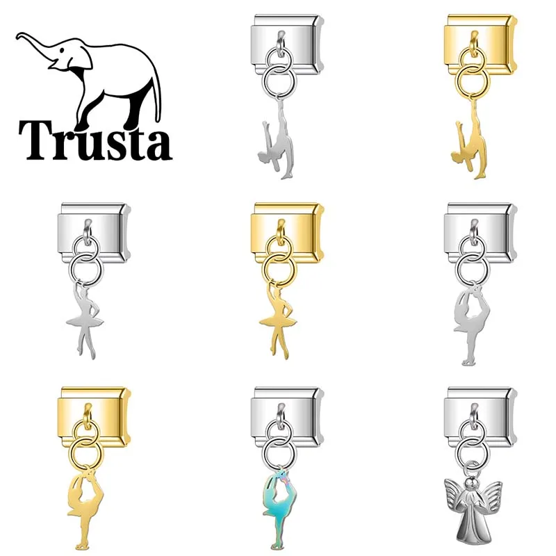 Trusta 2024 Fashion Angel Yoga Ballet Charm Italian Links Fit 9mm Stainless Steel Bracelet for Women DIY Jewelry Wholesale N172