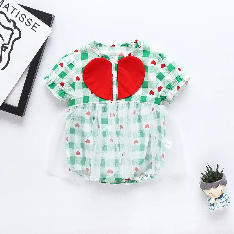 Fake 2pcs Infant Girls Layered Romper Pink Heart Pattern Bodydsuit Ruffle Sleeveless Heart Printed Jumpsuit Bow Knot Headdress