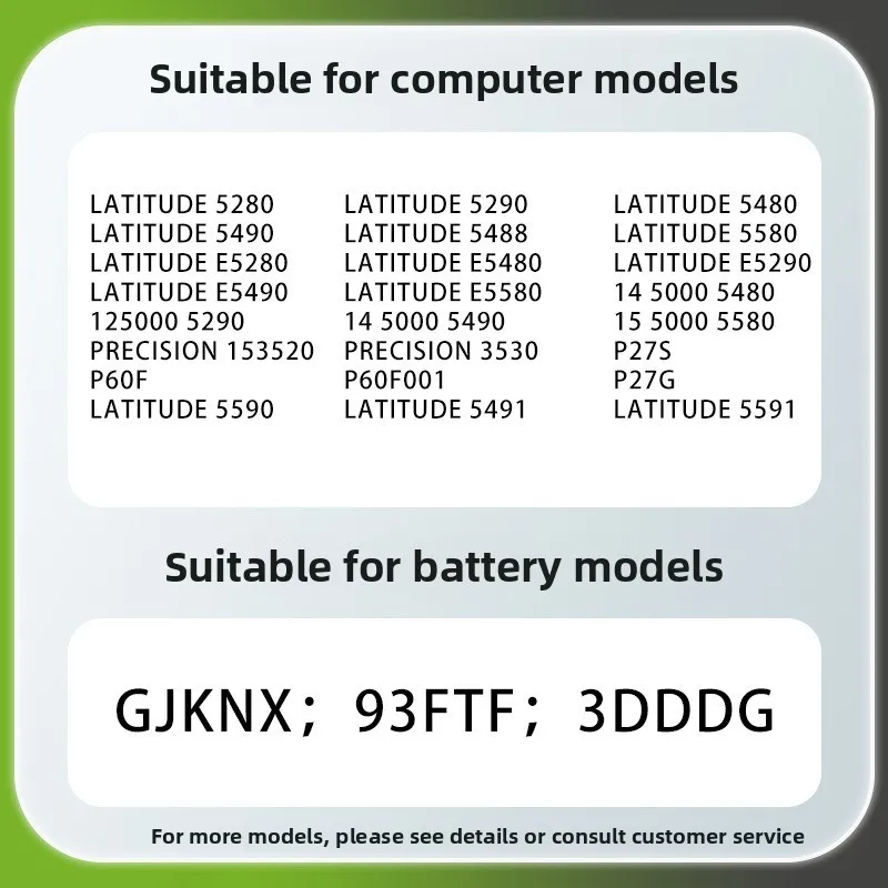 GJKNX 93FTF 3DDDG for Dell  Latitude 5280 5480 5490 5290 5488 5580 5590 5491 5591 E Laptop Battery Replacement Batteries