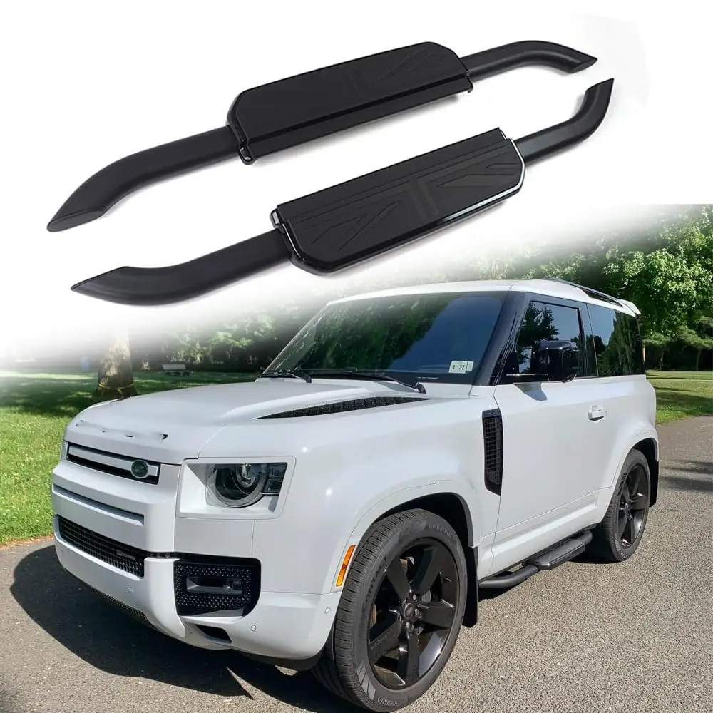 FTAPACCE 2PCS Side Steps Running Boards Nerf Bars Fits for Land Rover Defender 90 2 Door L663 2020-2025 Black with Flag Texture