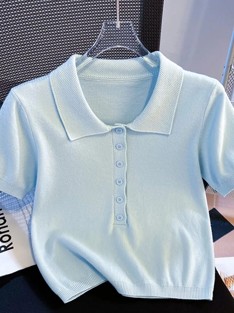 

Blue Ne Knitted ort Sve Slim Fit T-irt Women's Summer Top Self-Kee Sle High Elastici Korean Sle Commute