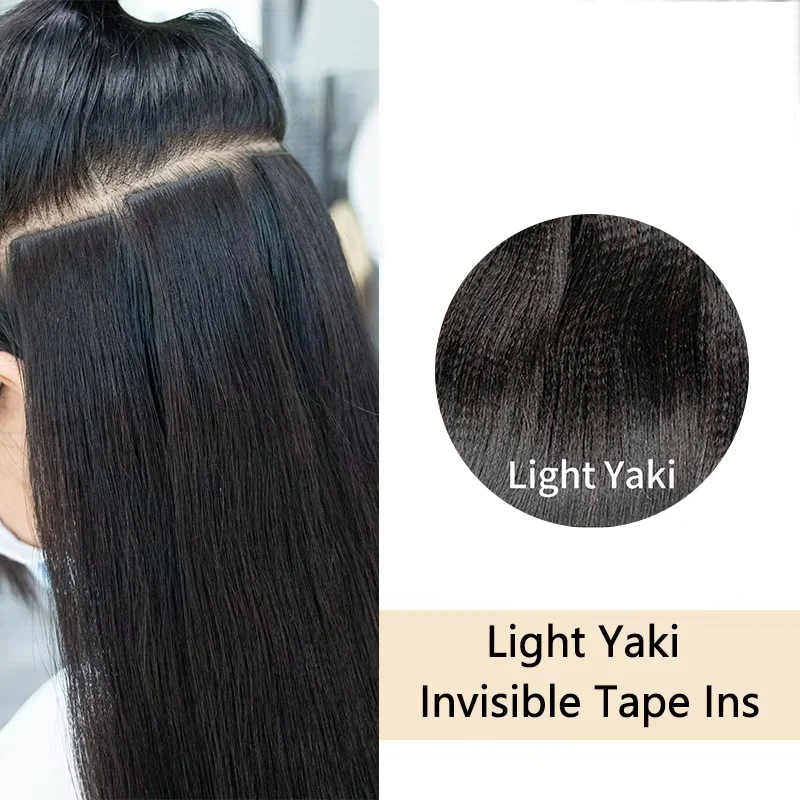 Light Yaki Invisible Tape in Hair Extensions Human Hair Kinky Straight Tape Ins Remy Weft Seamless Injected Tape on Hair 20pcs