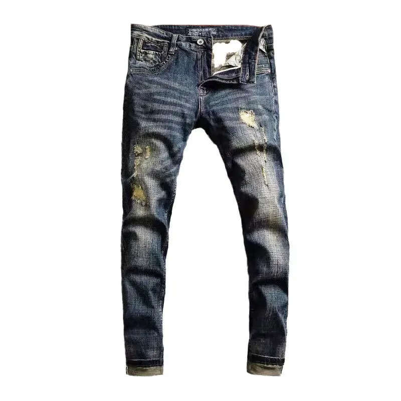 Newly Designer Fashion Men Jeans Retro Black Blue Stretch Slim Fit Ripped Jeans Men Embroidery Patched Vintage Denim Pants Homme