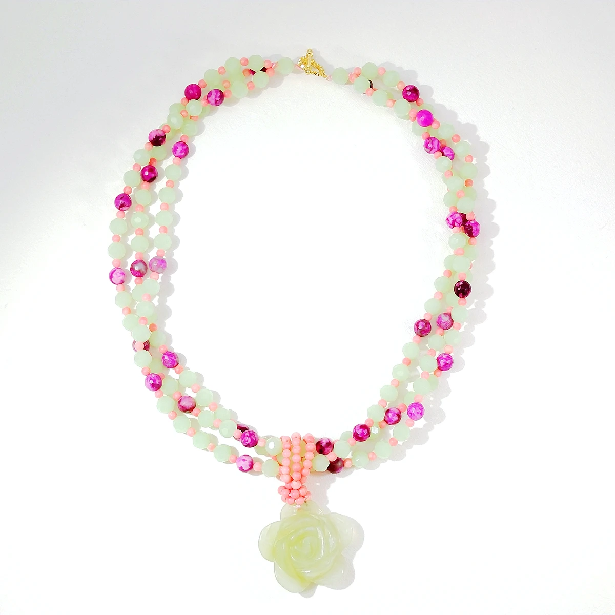 Lii Ji Stone Necklace Mutil Color Jaspers Coral Crystal Jade Rose Pendant 55cm Necklace  Stock Sale Women Jewelry Gift