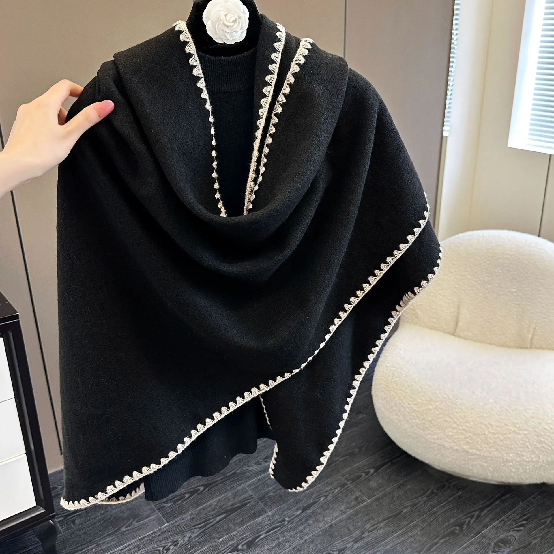 Knitted Cashmere Coat  Designer Women triangle Poncho Cape Open Front Cardigan Wrap Shawl Female Spring Autumn Capes Ponchos